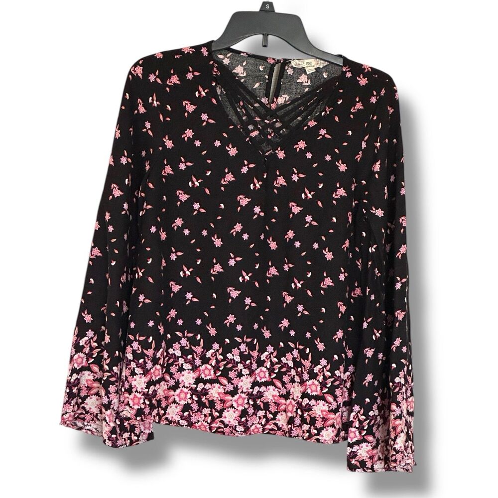 Pink Republic Women’s Long Sleeve Black Lightweight Pink Floral Blouse Med